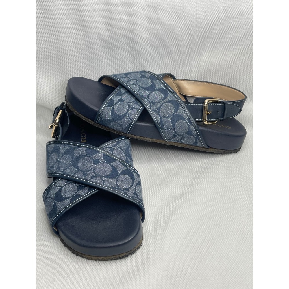 Coach Fraser Monogram Sandals Size 8.5 B Navy Blue Gold Tone Buckle Strap Shoes